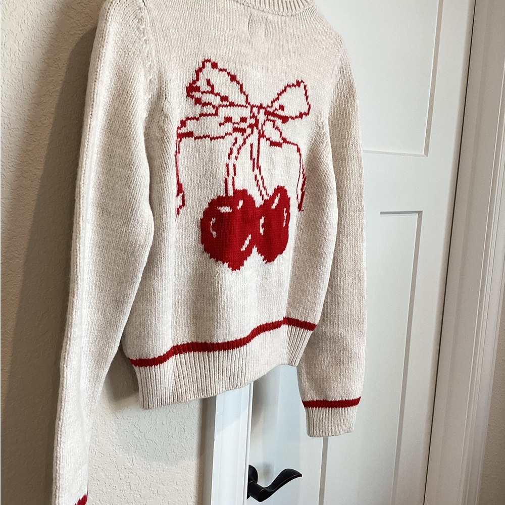 🍒Anthropologie Cherry Sweater Maeve Icon Cardigan New Small Fruit Ivory Red - Picture 5 of 15